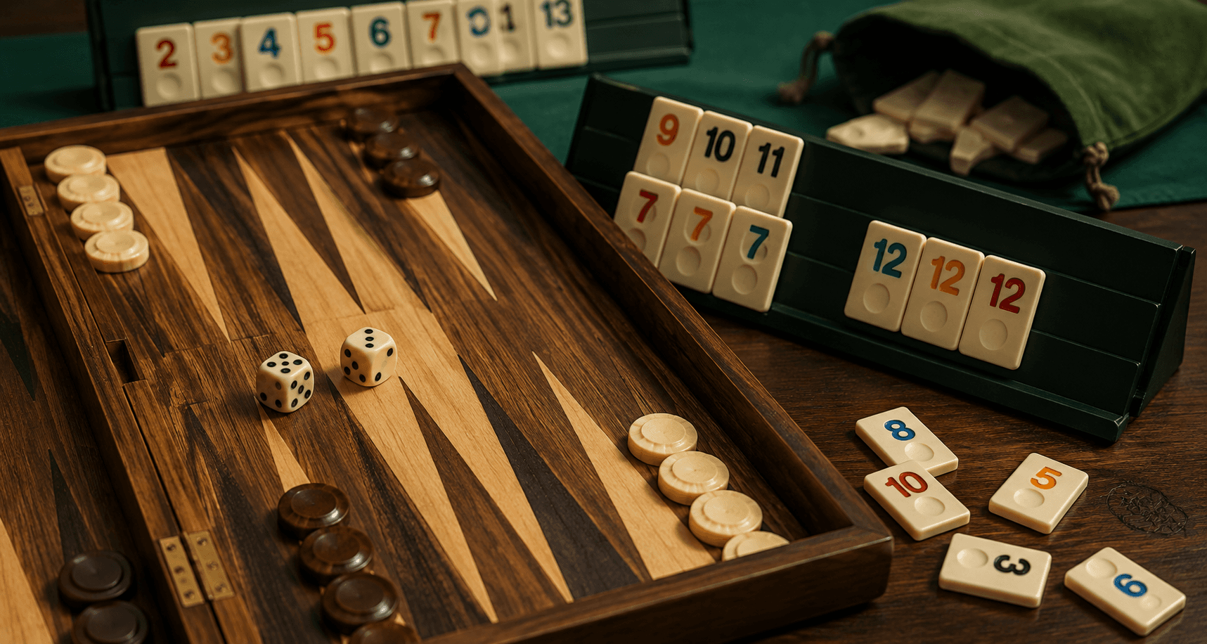 Tablă de table deschisă, cu zaruri și piese, lângă suporturi cu piese de rummy